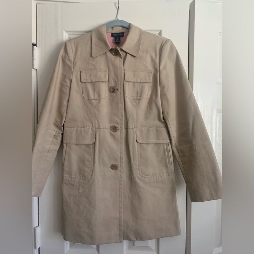 Ann Taylor Tan Trench Coat with Pink Stitching